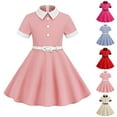 thumbnail image 1 of Einccm Girls Summer Dress - Vintage Preppy Style Peter Pan Collar A-Line Party Skirt - Contrast Color Patchwork Short Sleeve Button Down Waist Tie Flare Dresses for Kids Toddlers Age 3-8 Years, 1 of 8
