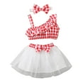 thumbnail image 1 of Einccm Girls Summer Plaid Top and Gauze Skirt 2 Piece Outfit Sleeveless Ruffle One Shoulder Bow Decor Elastic Waist Tulle Skirt Set Casual Party Holiday Clothes for Toddler Girls Kids 2-8 Years, 1 of 6