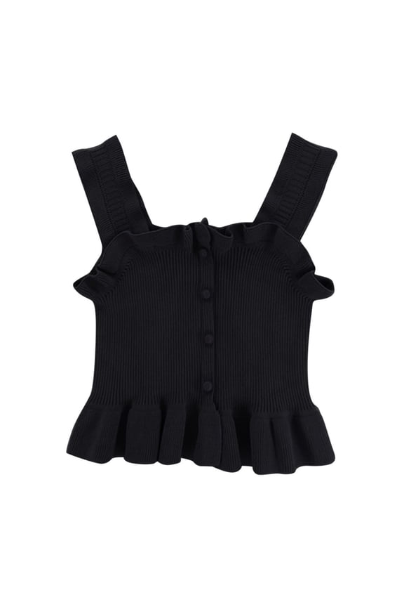 Girls Summer Solid Ribbed Knit Camisole Top - Ruffle Strap Sleeveless Button Front Cropped Tank with Flare Hem, Casual Slim Fit Cute Vest for Toddler Little Girls 2-10 Years