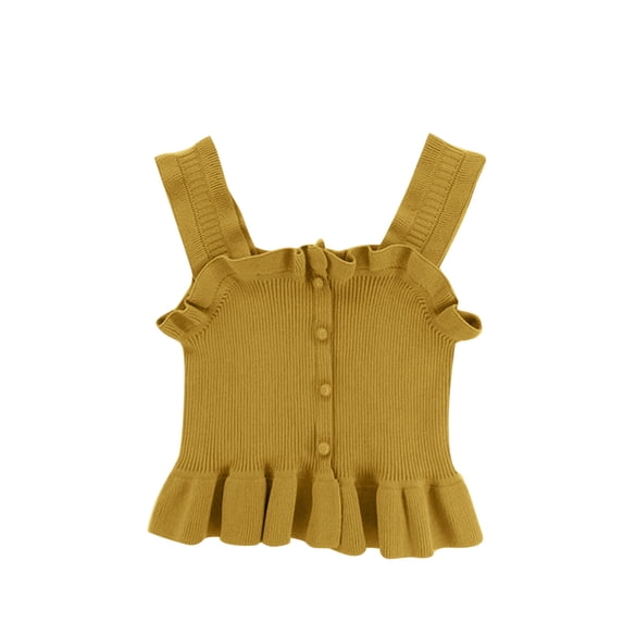 Einccm Girls Summer Solid Ribbed Knit Camisole Top - Ruffle Strap Sleeveless Button Front Cropped Tank with Flare Hem, Casual Slim Fit Cute Vest for Toddler Little Girls 2-10 Years