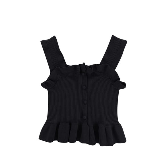 Einccm Girls Summer Solid Ribbed Knit Camisole Top - Ruffle Strap Sleeveless Button Front Cropped Tank with Flare Hem, Casual Slim Fit Cute Vest for Toddler Little Girls 2-10 Years