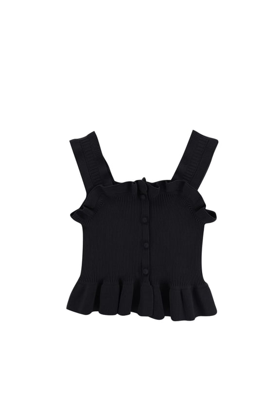 Girls Summer Solid Ribbed Knit Camisole Top - Ruffle Strap Sleeveless Button Front Cropped Tank with Flare Hem, Casual Slim Fit Cute Vest for Toddler Little Girls 2-10 Years