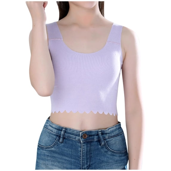 Einccm Girls Training Bra Crop Tank Top – Elastic Modal Padded Seamless U-Neck Camisole, Ribbed Cute Wave Hem Comfort Fit for Big Kids Tween Girls 7-15 Everyday Wear