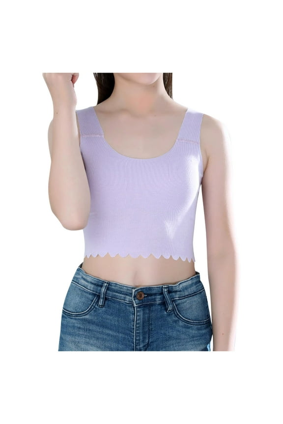 Girls Training Bra Crop Tank Top – Elastic Modal Padded Seamless U-Neck Camisole, Ribbed Cute Wave Hem Comfort Fit for Big Kids Tween Girls 7-15 Everyday Wear