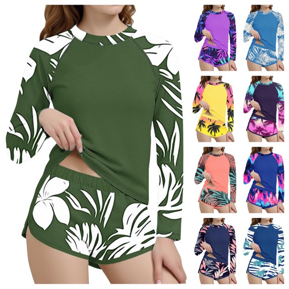 Einccm Girls Two-Piece Swimsuit Set for 6-15 Years - Long Sleeve Conservative Swimwear with Tropical Leaf Print, Sun Protection for Beach, Surfing and Casual Wear
