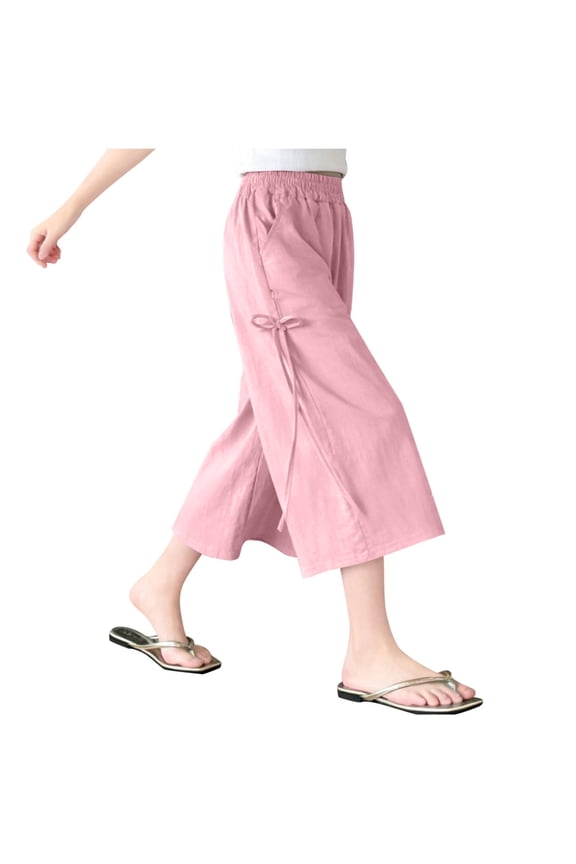 Girls Wide Leg Capri Pants High Waisted Elastic Dstring with Bow, Summer Thin Cropped Culotte Skirt Pants with Pockets for Toddler Little and Big Girls 2-16 Years
