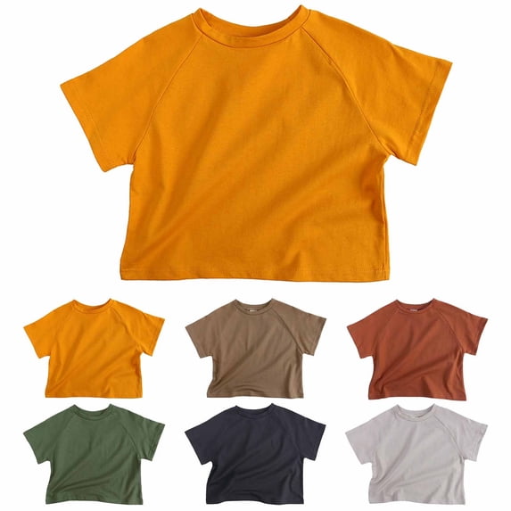 Einccm Kids 1-6 Years Boys Girls Short Sleeve Cotton Raglan T-Shirt - Relaxed Drop Shoulder Crop Top, Earth Tone Solid Color, Round Neck Casual Tee for Everyday, School & Play