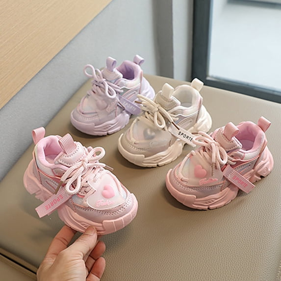 Einccm Kids Breathable Mesh Running Shoes - Non-Slip Chunky Dad Sneakers with Heart Prints and Transparent PVC for Sports and Casual Wear