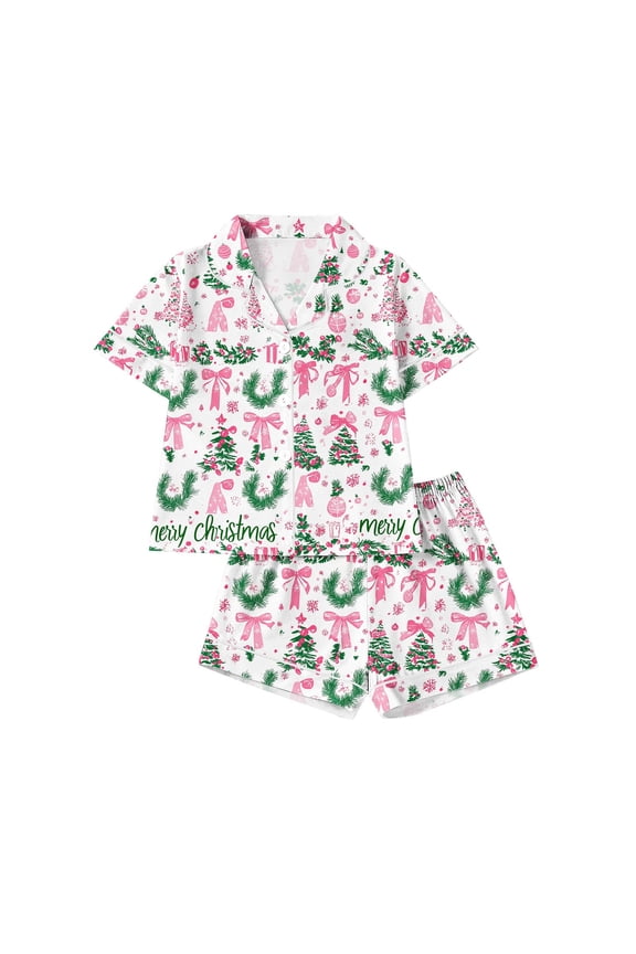 Kids Christmas Pajamas Set - 2 Piece Short Sleeve Top and Shorts with Button-Down Collar, Festive Holiday Print, Perfect for Sleepwear and Holiday Parties, for Children Ages 8-12