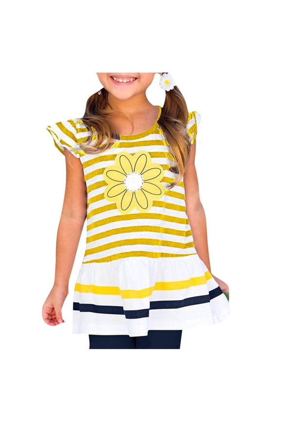 Kids Striped Daisy Applique Fly Sleeve Round Neck Top - Summer A-Line Peplum Shirt for Girls and Boys Ages 1-10, Casual Holiday Party Wear