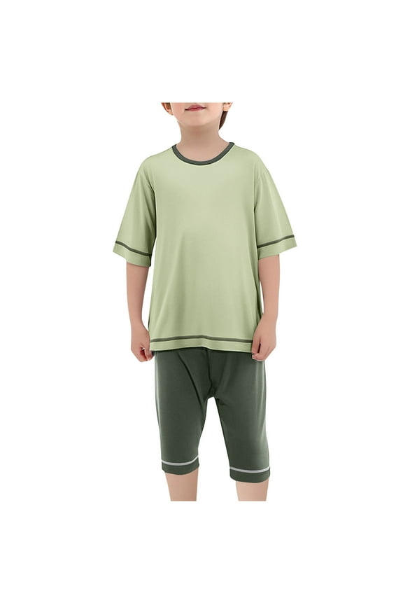 Kids Summer Solid Color Comfortable Thin Modal Casual 3/4 Sleeve Round Neck Top and Long Pants Two Piece Set Leisure Sports Outfit for Boys Girls 2-16 Years
