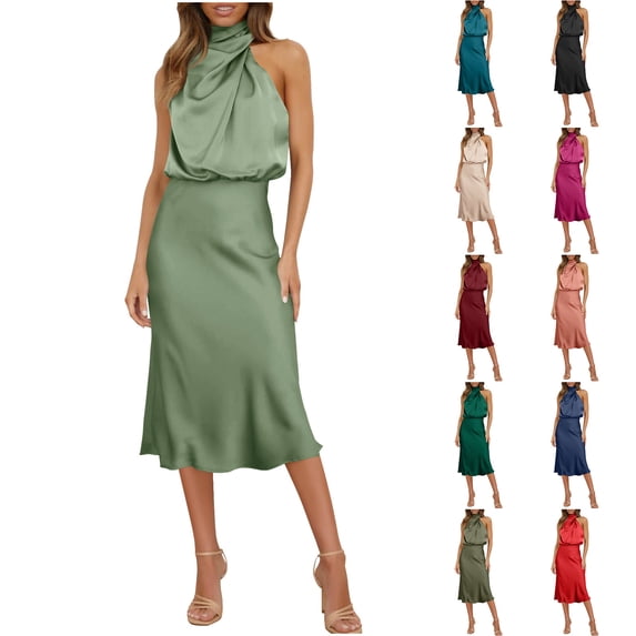 Einccm Maxi Dress Elegant Satin Sleeveless V Neck Solid Color Evening Cocktail Dress with Slit and Flowy Hem for Summer Parties Weddings Vacation and Daily Wear