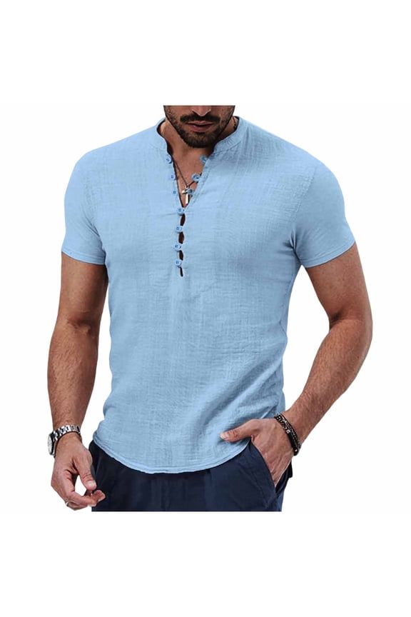 Men's Henley Shirts Short Sleeve Solid Color Casual T-Shirts Breathable Polyester Pullover Tops for Daily Wear Summer Classic Fit Standing Collar Tee