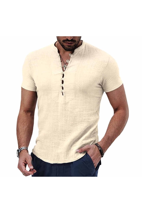 Men's Henley Shirts Short Sleeve Solid Color Casual T-Shirts Breathable Polyester Pullover Tops for Daily Wear Summer Classic Fit Standing Collar Tee