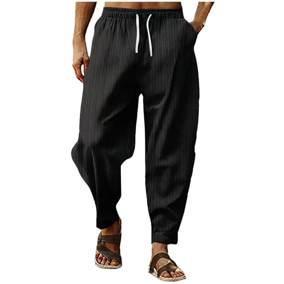 Einccm Men's Wide Leg Linen Pants, Lightweight Breathable Summer Trousers with Drawstring Waist, Side Pockets and Cuffed Ankles, Relaxed Fit Casual Vacation Outdoor Wear