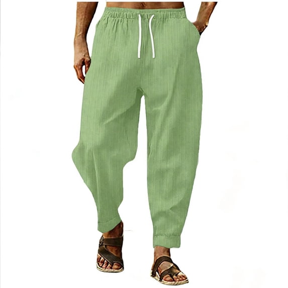 Einccm Men's Wide Leg Linen Pants, Lightweight Breathable Summer Trousers with Drawstring Waist, Side Pockets and Cuffed Ankles, Relaxed Fit Casual Vacation Outdoor Wear