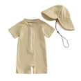 thumbnail image 1 of Einccm One Piece Baby Swimsuit Set for Infants and Toddlers 0-3 Years, Short Sleeve Striped Summer Swimsuit with Matching Sun Hat, Front Button Jumpsuit Design, UV Protection Beach Swimwear Outfit, 1 of 7