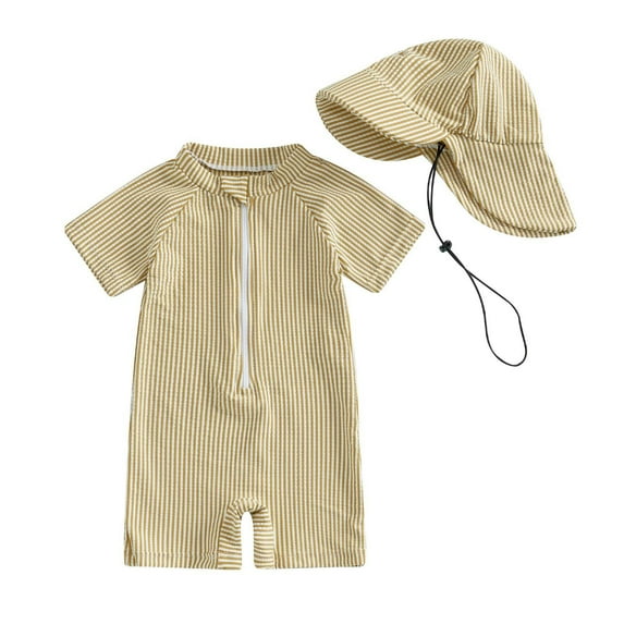 Einccm One Piece Baby Swimsuit Set for Infants and Toddlers 0-3 Years, Short Sleeve Striped Summer Swimsuit with Matching Sun Hat, Front Button Jumpsuit Design, UV Protection Beach Swimwear Outfit