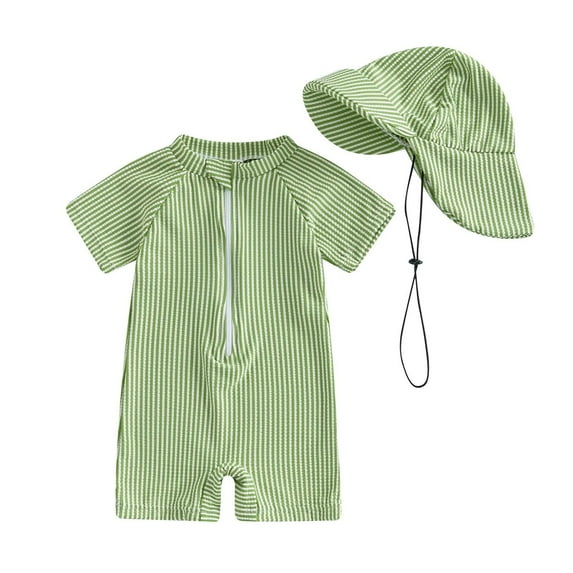 Einccm One Piece Baby Swimsuit Set for Infants and Toddlers 0-3 Years, Short Sleeve Striped Summer Swimsuit with Matching Sun Hat, Front Button Jumpsuit Design, UV Protection Beach Swimwear Outfit