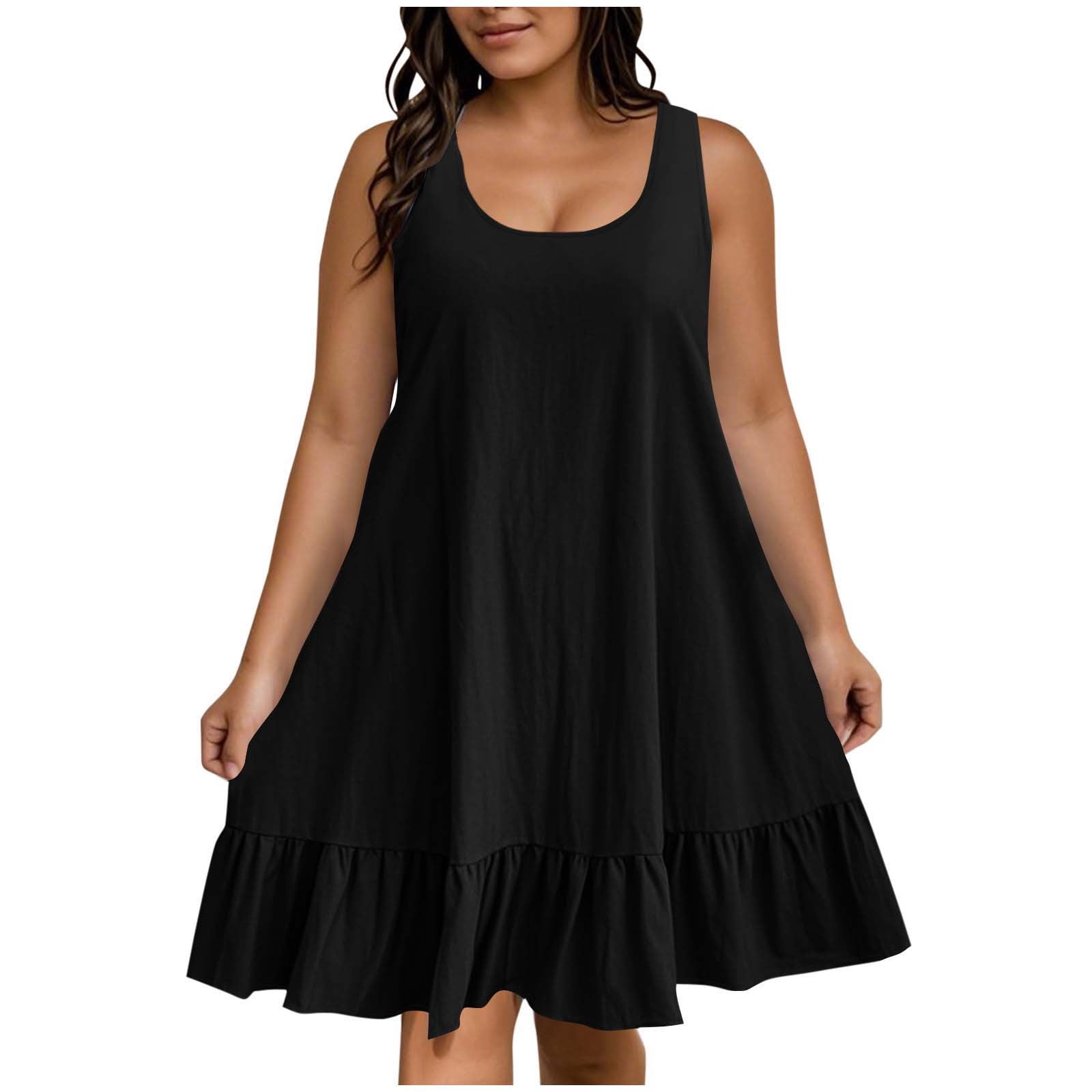 Einccm Plus Size Sleeveless Round Neck Casual A-Line Dress with Ruffle ...