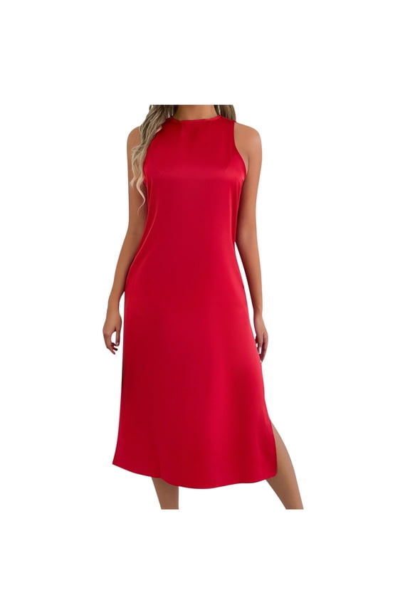 Sleeveless Satin Midi Dress for Women, Solid Color Crewneck Bodycon Dress with Side Slit, Elegant Summer Cocktail Party Wedding Guest Outfit