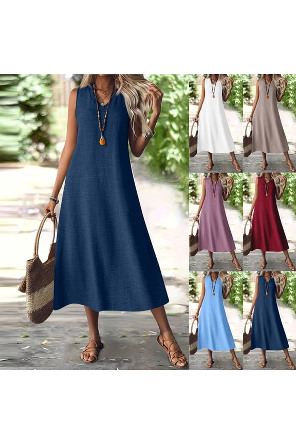Summer Dress for Women, Sleeveless V Neck Maxi Dress, Casual Solid Color Polyester Long Dress for Party, Wedding, Vacation, and Everyday Wear