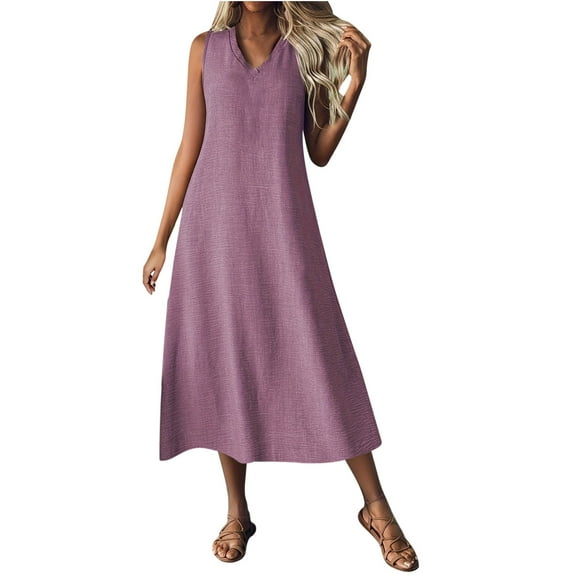 Einccm Summer Dress for Women, Sleeveless V Neck Maxi Dress, Casual Solid Color Polyester Long Dress for Party, Wedding, Vacation, and Everyday Wear