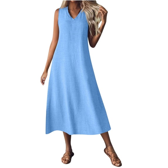 Einccm Summer Dress for Women, Sleeveless V Neck Maxi Dress, Casual Solid Color Polyester Long Dress for Party, Wedding, Vacation, and Everyday Wear