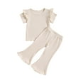 thumbnail image 1 of Einccm Toddler Girls 2 Piece Outfit - Kids Summer Ribbed Knit Short Sleeve Flutter Top and Flare Pants Set - Soft Cotton Casual Activewear for 12 Months to 5 Years, 1 of 7