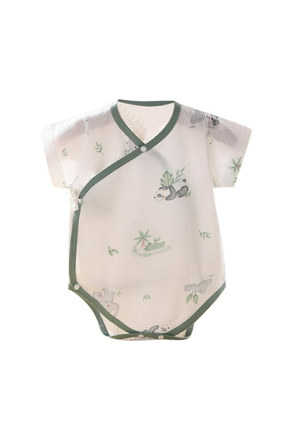 Unisex Baby Short Sleeve Romper - Soft Cotton Panda and Leaf Print Snaps Jumpsuit - Summer Breathable V-Neck Bodysuit for borns and Infants 0-18 Months