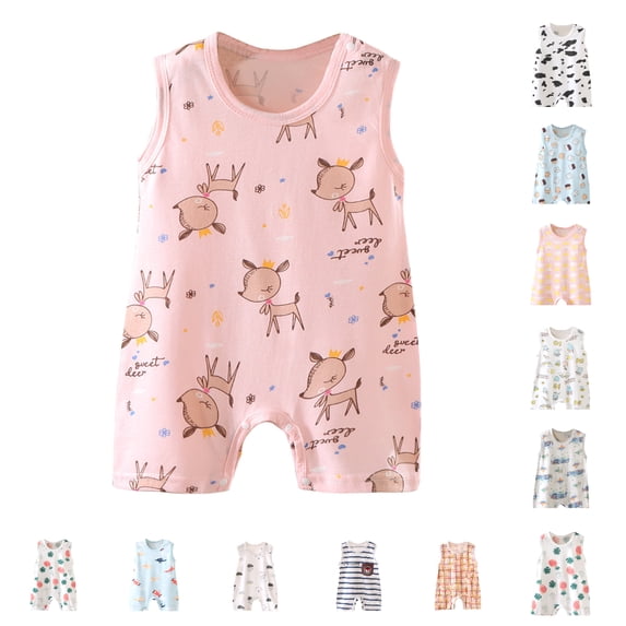Einccm Unisex Baby Sleeveless Cotton Romper - Cute Cartoon Deer Print born Jumpsuit - Breathable Soft Snap Bodysuit for Infant Boys and Girls - Summer Casual Playwear and Sleepwear - 0-12 Months