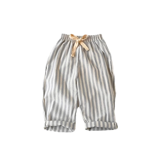 Einccm Unisex Toddler and Kids Cotton Linen Striped Pants, Breathable Mid-Waist Wide Leg Casual Trousers with Adjustable Dstring and Rolled Cuffs for Summer Beach Wear, 1-7 Years