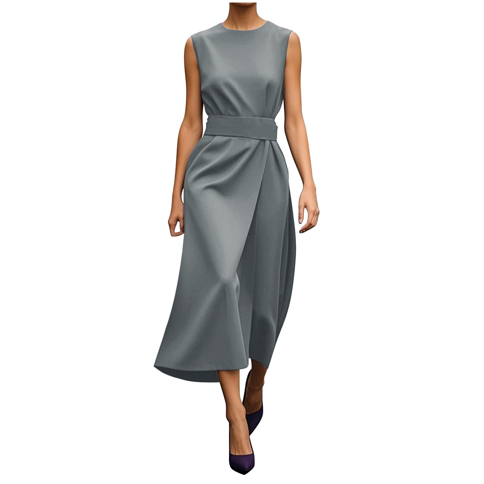 Women Midi Dress With Pockets And Crew Neck Comfortable Everyday Wear For Casual Office main image 0