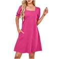 thumbnail image 1 of Einccm Women Casual Summer Dress Square Neck Ruched Solid Short Sleeve a Line Midi Dress with Pockets in Lightweight Flowy Fabric for Work Beach Vacation and Everyday Wear, 1 of 6