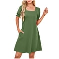 thumbnail image 1 of Einccm Women Casual Summer Dress Square Neck Ruched Solid Short Sleeve a Line Midi Dress with Pockets in Lightweight Flowy Fabric for Work Beach Vacation and Everyday Wear, 1 of 7