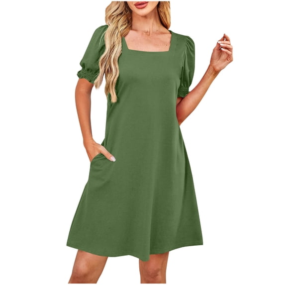 Einccm Women Casual Summer Dress Square Neck Ruched Solid Short Sleeve a Line Midi Dress with Pockets in Lightweight Flowy Fabric for Work Beach Vacation and Everyday Wear