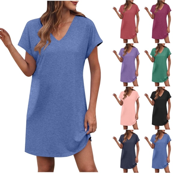 Einccm Women Casual V Neck Short Sleeve Dress with Button Front and Pockets, Solid Color Flowy a Line Midi Dress for Summer Work Vacation
