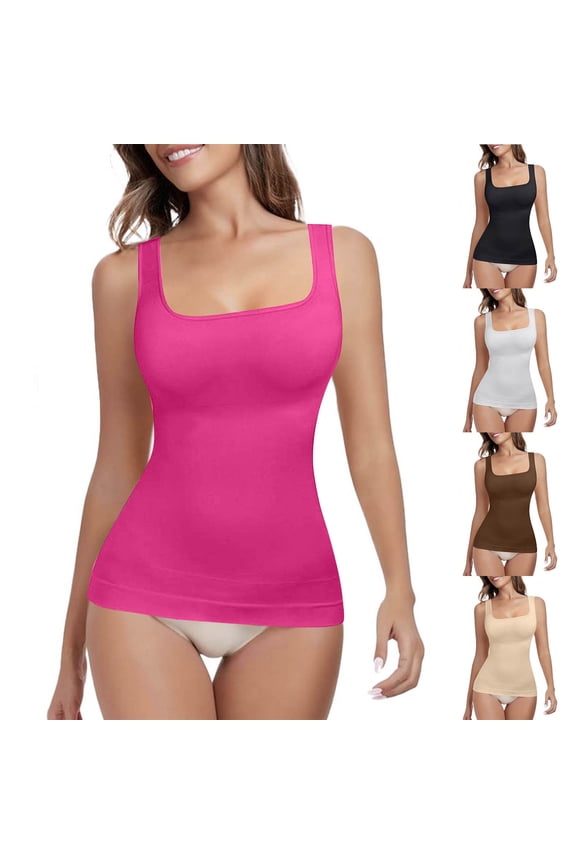 Women Seamless Square Neck Tank Top with Built-in Bra, Fitted Slimming Floral Printed Camisole, Nylon Spandex Stretchy Undershirt for Summer Casual, Swimming Pool and Beach Wear