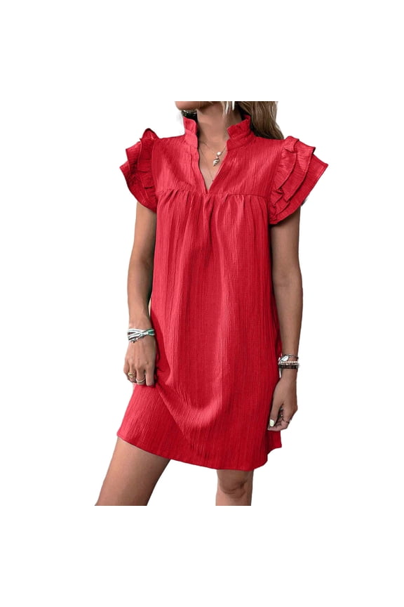 Women Stand Collar Ruffle Short Sleeve Loose Pullover Shift Dress V Neck Summer Casual Lightweight Polyester for Brunch, Weekend, or Office Wear