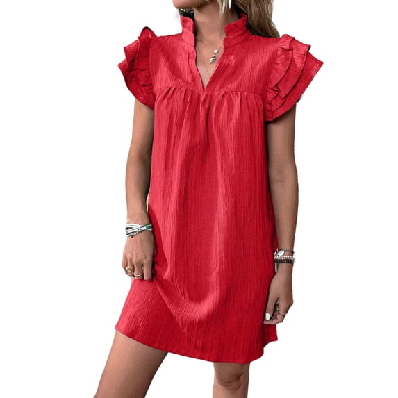 Einccm Women Stand Collar Ruffle Short Sleeve Loose Pullover Shift Dress V Neck Summer Casual Lightweight Polyester for Brunch, Weekend, or Office Wear