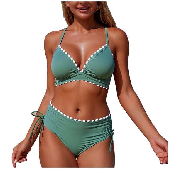 Einccm Women's Bikini Set Halter Bralette Top Backless Two-Piece Swimsuit with Colorblock Floral Accents, Plunge Neck Design, Dry-Fit Fabric for Comfortable Beach & Vacation Wear