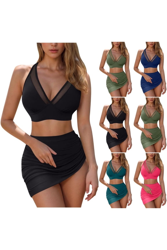 Women's Bikini Set with Padded Push-Up Top, Mesh Back Design, V Neck, Two-Piece Swimwear for Beach and Poolside Fun