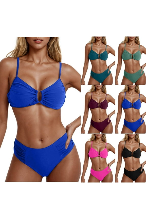 Women's Bikini Sets Adjustable Straps Backless Two Piece Swimsuit Ruched Design Flattering Fit Solid Color Bathing Suit for Beach Pool Vacation