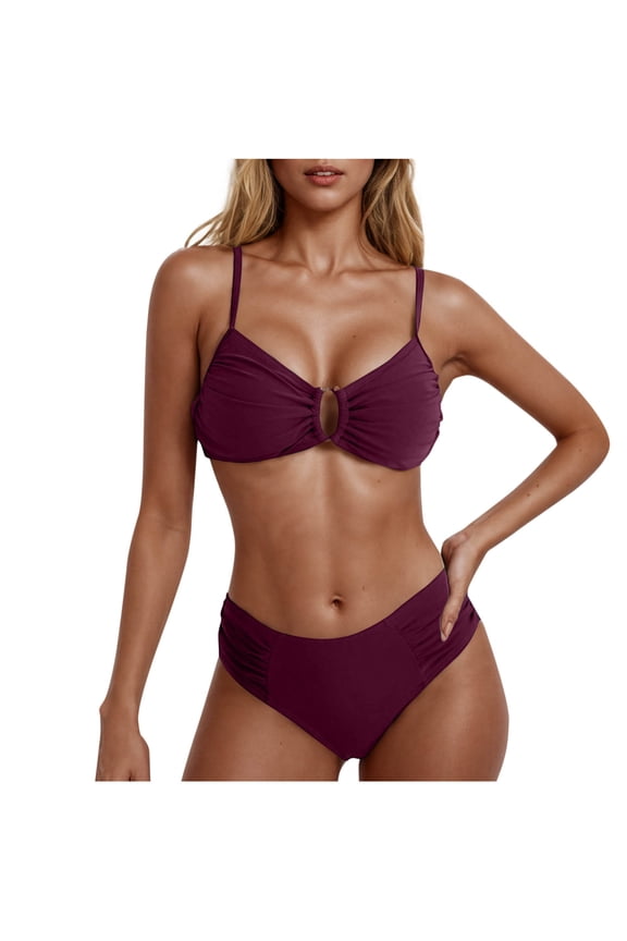 Women's Bikini Sets Adjustable Straps Backless Two Piece Swimsuit Ruched Design Flattering Fit Solid Color Bathing Suit for Beach Pool Vacation