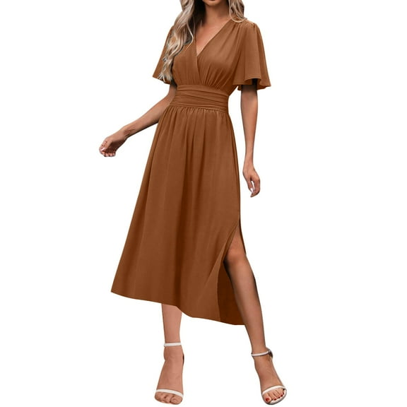 Einccm Women's Boho Elegant Maxi Dress with V-Neck, Short Flutter Sleeves, Pleated Detail, Elastic Waist, Smocked Back, High Slit and Pockets for Beach, Party and Summer Occasions