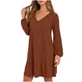 thumbnail image 1 of Einccm Women's Casual A-Line V Neck Long Sleeve Brushed Knit Dress for Spring and Fall Everyday Wear, 1 of 7