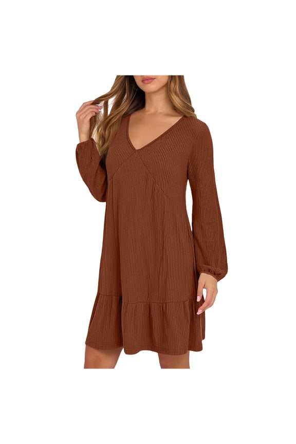 Women's Casual A-Line V Neck Long Sleeve Brushed Knit Dress for Spring and Fall Everyday Wear
