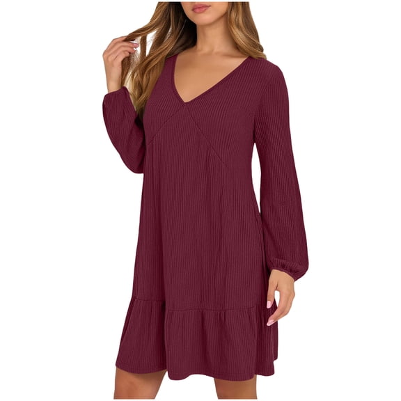 Einccm Women's Casual A-Line V Neck Long Sleeve Brushed Knit Dress for Spring and Fall Everyday Wear