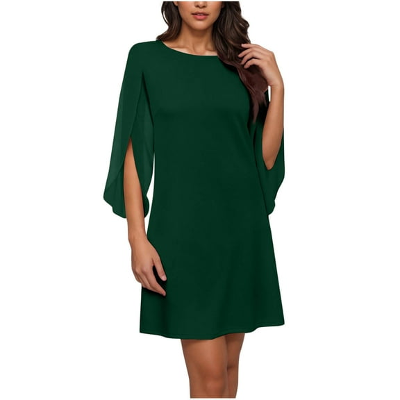 Einccm Women's Casual Crewneck Half Sleeve Dress with Chiffon Sleeve Splice, Lightweight Polyester for Office, Party and Vacation