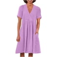 thumbnail image 1 of Einccm Women's Casual Linen Blend Dress, Short Sleeve V Neck Pleated a Line Flowy Summer Midi Dress for Beach Vacation, Daily Wear and Spring Outings, 1 of 6